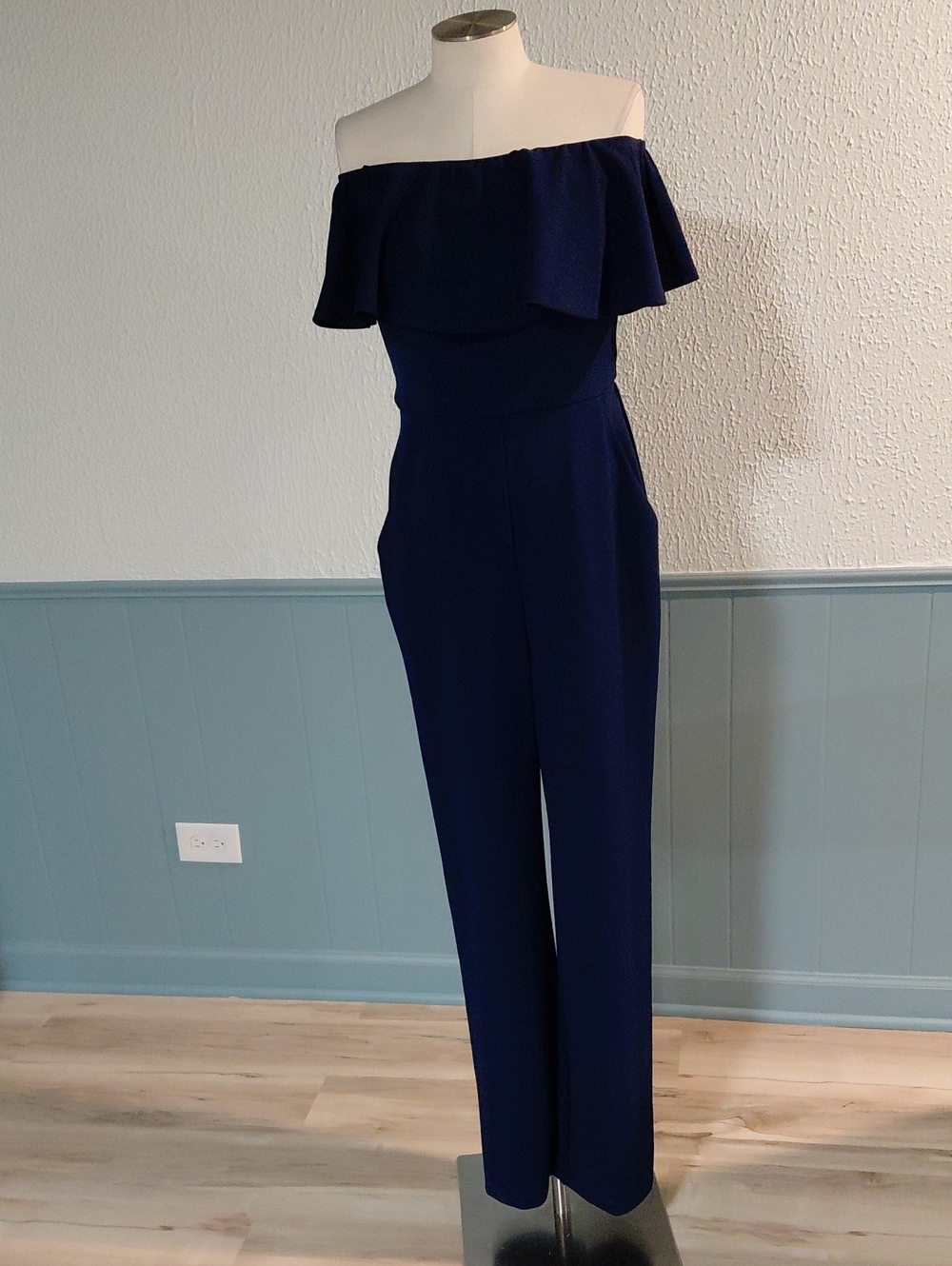Off-Shoulder Navy Ruffle Jumpsuit